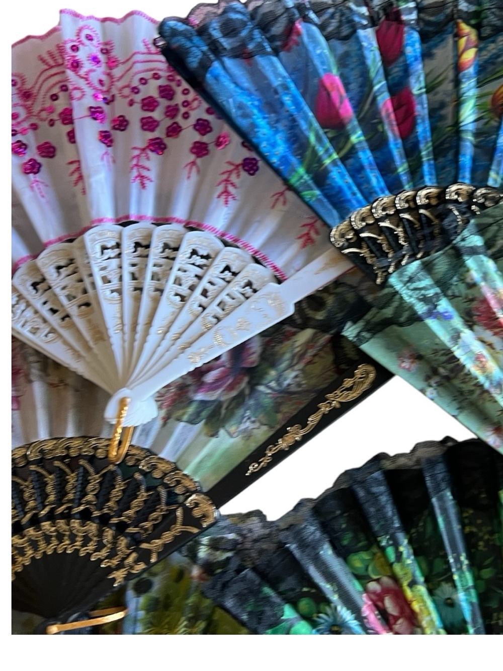 10 Lace Hand Fan with Multicolor Floral Fabric - Picture 12 of 12